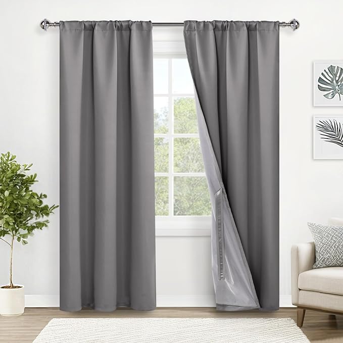 XWZO 100% Blackout Curtains 84 Inches Long with Tiebacks- Rod Pocket & Back Tab Privacy Protection and Noise Reducing Window Draperies with Black Liner, Grey, W42 x L84, Set of 2