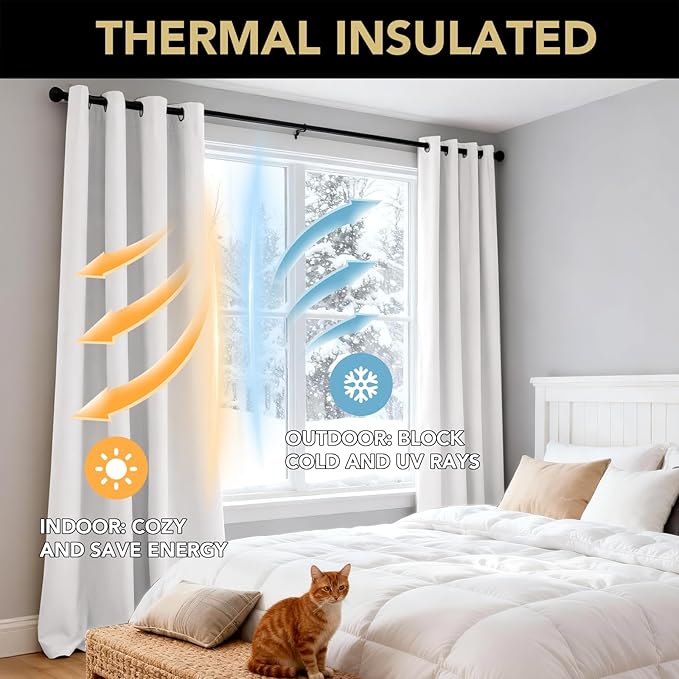 PrinceDeco Blackout Curtains for Bedroom – 100% Light Blocking Thermal Insulated Curtains 108 inch Length, Noise Reducing Energy Saving Drapes for Living Room,Nursery,2 Panels,55" W x108 L, White