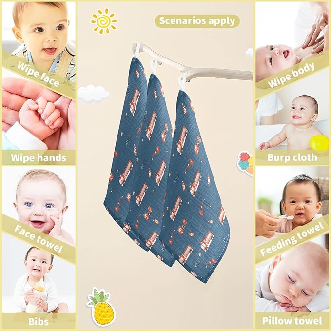 vvfelixl Baby Muslin Washcloths, Firefighters Pattern Baby Burp Cloths, Cotton Baby Face Towel for Newborn Infants Boys Girls Soft and Absorbent 11.8 X 11.8 in, 3 Pack Blue