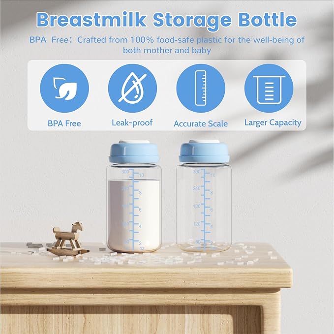 IVARONAL 4 Pack 10oz Wide-mouth Breastmilk Storage Bottle for Momcozy 22oz Portable Breast Milk Cooler, Pumping Storage Containers Compatible with Spectra S1/S2/9 Plus/SG/Motif Luna (4PC/Blue Lids)