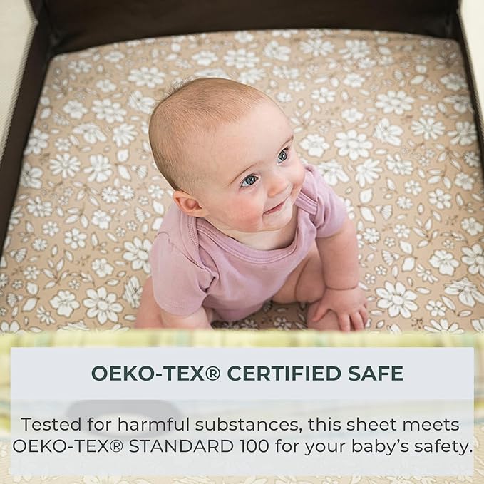 Pobibaby – 2 Pack Pack N Play Sheets and Mini Crib Sheets Fitted, Premium Ultra-Soft Jersey Knit Baby Sheets – Stylish Floral Pattern, Safe and Snug for Standard Playards and Mini Cribs (Meadow)