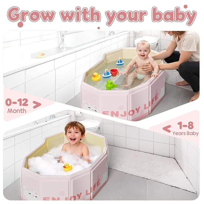Collapsible Baby Bathtub for Shower, Portable Foldable Toddler Bath Tub with Non-Slip Base, Compact Travel Essentials for Kids & Infants, Easy Storage in Small Spaces, Pink