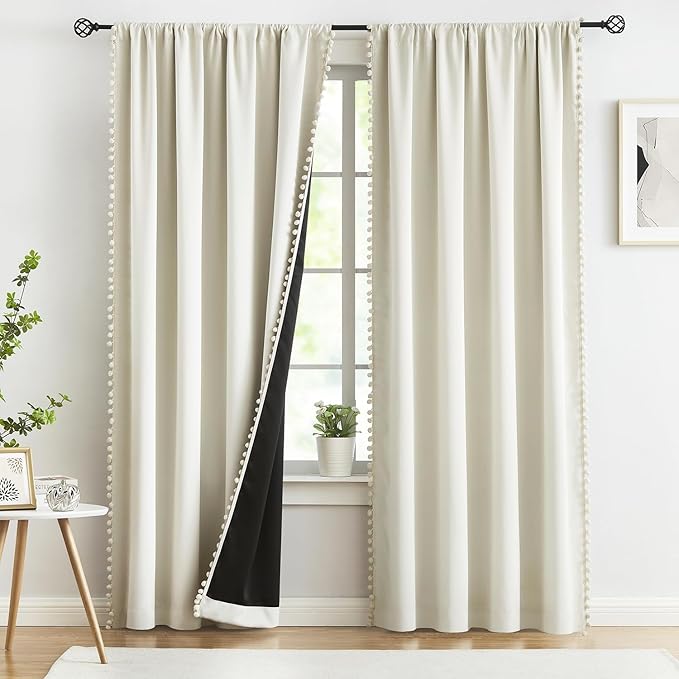Ivory Full Blackout Curtains for Living Room Bedroom 95 inch Energy Saving Window Curtains Ivory/ Beige Pom Pom Thermal Insulated Curtain Panels for Baby Nursery Girl's Room 52"W Rod Pocket 1 Pair