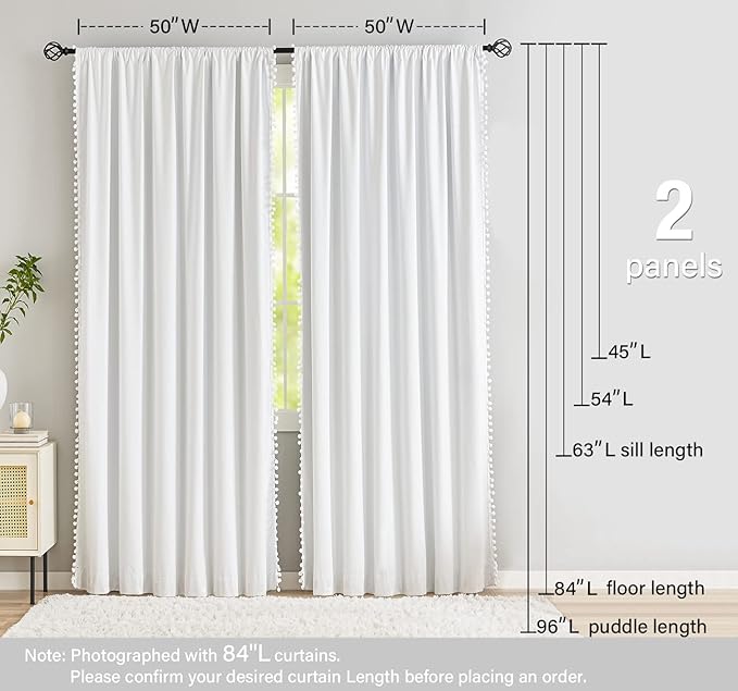 Treatmentex White Blackout Curtains for Bedroom Pom-Pom Thermal Insulated Full Blackout Window Drapes 63inch Length Curtain Panels for Kids Guest Room Hotel 52" Wx 2pcs