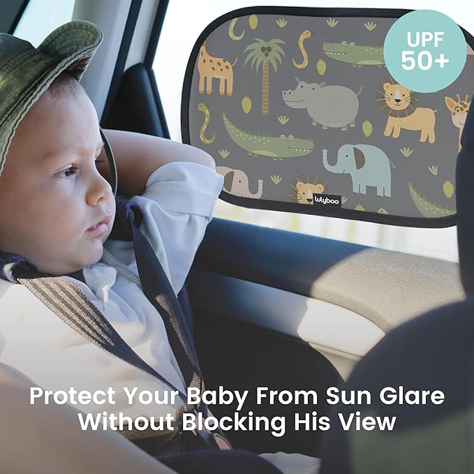 Lulyboo 2-Pack Car Window Shades for Baby - Oval Cling Sun Shades with UV Protection, Black Animal Pattern, Reusable, No Adhesives, Easy to Install, Sun Glare Blocker & Privacy Privacy