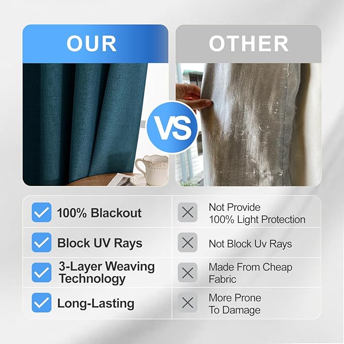 Linen 100% Blackout Curtains for Bedroom, Black Out Curtains 84 Inch Long, Room Darkening Curtains for Living Room, Long Curtain Grommets Drapes, Thermal Curtains(2 Panels, Dark Green)