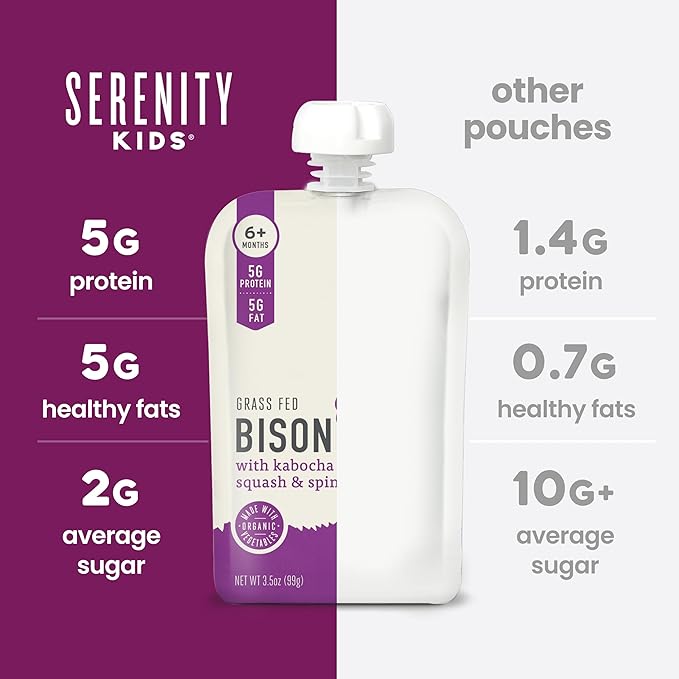 Serenity Kids 6+ Months Baby Food Pouches - 5g Protein-Packed Baby Snacks - Organic Squash & Spinach Vegetable Pouches - Grass-Fed Bison Meat Puree - 3.5 Oz, Pack of 6