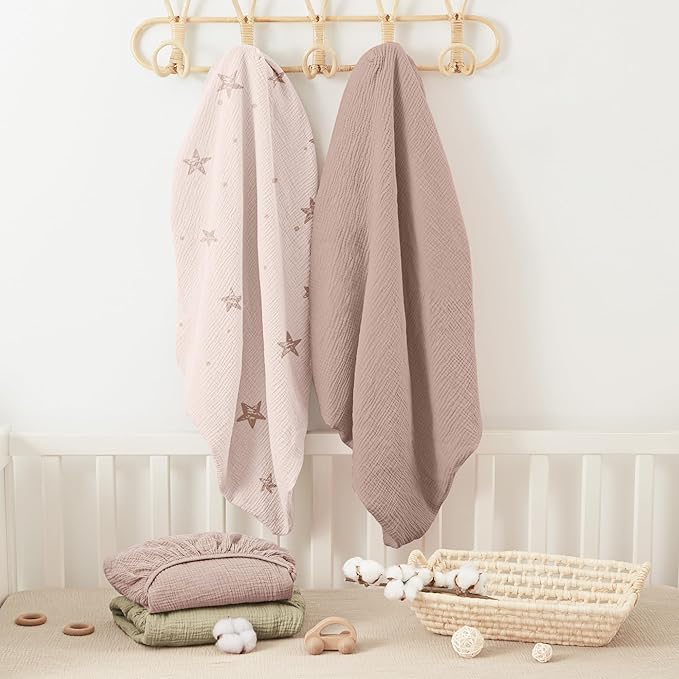 Bearmoss Muslin Crib Sheets - 100% Cotton Baby Crib Sheets Fitted for Standard Crib Mattress & Toddler Bed Mattress 52"x28" Soft Breathable Crib Sheet Neutral for Boys Girls - 2 Pack (Pink Star)