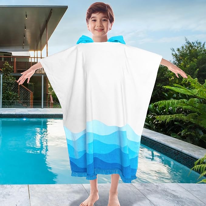 VOOVA & MOVAS Hooded Bath Towel for Boys| Girl | Teens (8-16Years), 100% Cotton Thick Poncho Towel Robe for Big Kids, Perfect for Pool, Beach,Bathroom,Waves Tassels