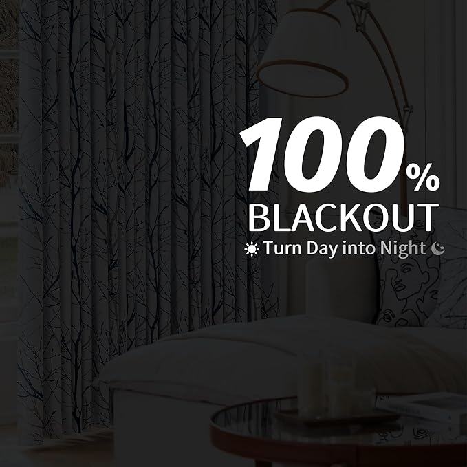 FMFUNCTEX 100% Blackout Curtains for Bedroom, Blue White Tree Curtains 84 Inches Long for Living Room, Grey Farmhouse Room Darkening Window Curtains for Summer Winter 2 Panels Grommet Top