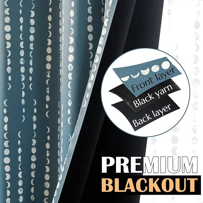 jinchan 95% Blackout Bohemian Moon Phase Print 84 Inch Long Blue Curtain Suitable for Bedroom, Living Room, Nursery, Farmhouse, Pole Mouth, Back Label, Insulated Window Treatment Set 2 Panels