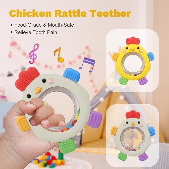 Sensory Toys for Babies, 2 Pack Baby Teething Rings Toys for 0-3 3 6-12 Months Baby Rattle Teether Silicone Teether Relief Chew Soothing,BPA Free,Sore Gums Babys Teethers Toys
