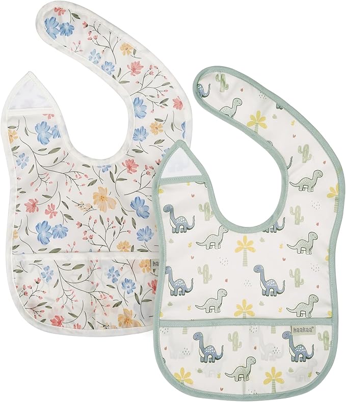 haakaa Waterproof Baby Bibs for Eating, Soft & Lightweight Toddler Bibs with Food Pocket, Easy Wipe Clean, Ages 6–24M, 2 Pack