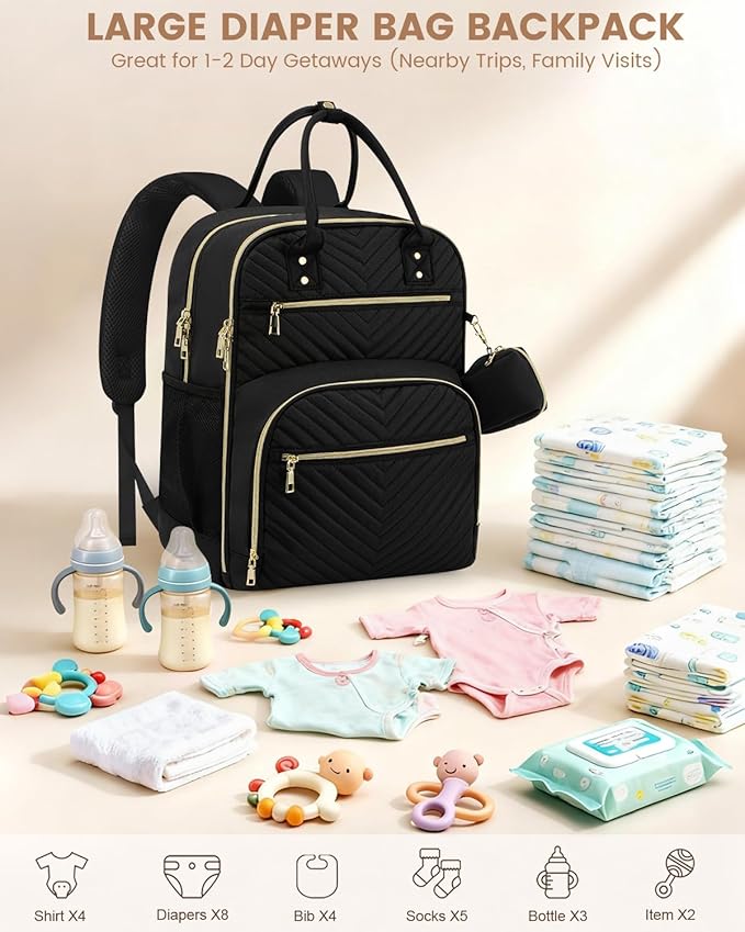 Diaper Bag Backpack,Baby Essentials Diapers Bag with Pacifier Case,Multipurpose Stylish Large Capacity Travel Backpack for Baby Girl/Boy(L-Black)