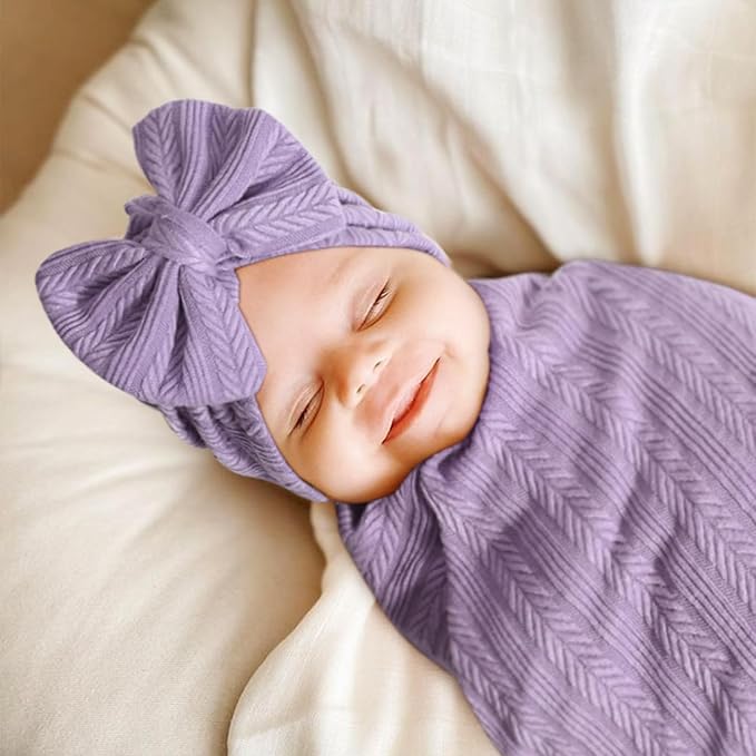 BQUBO Baby Swaddle Blankets for Girls, 4PCS Newborn Accessories Set with Matching Hat and Bow Headband with Hello World Wooden Birth Announcement Card, Baby Blankets for Girls (Purple)