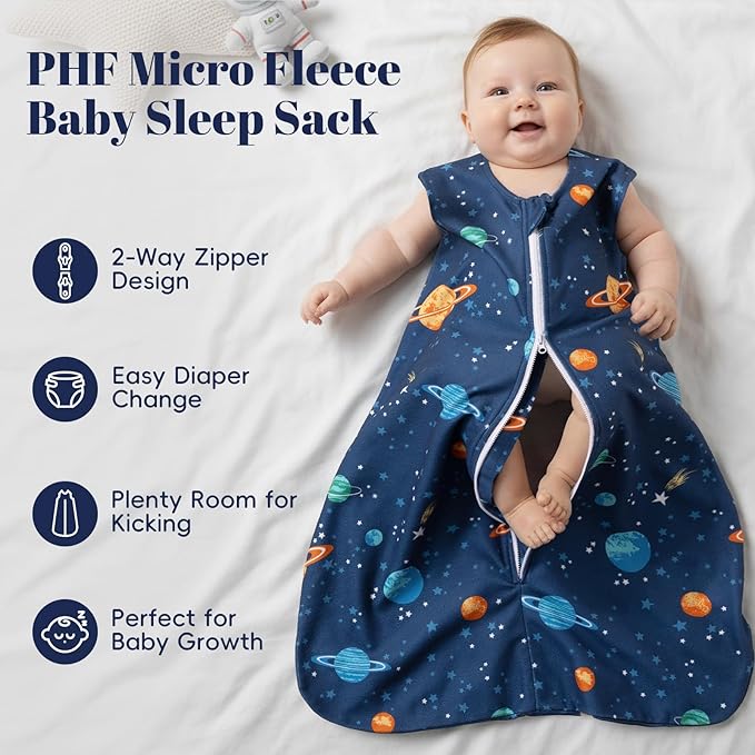 PHF Warm Micro-Fleece Baby Sleep Sack 12-18 Months, Soft Baby Wearable Blanket, 2-Way Zipper Sleeping Bags, 2 Pack Comfy Toddler Sleeping Sack for Boys, Large Size, Space