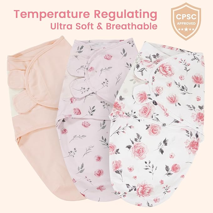 david's kids 100% Cotton 3 Pack Baby Swaddle Wrap for 0-3 Months, Soft Breathable Swaddle Blanket for Newborn Infant, Adjustable Baby Wrap Sleep Sacks for Girls, Newborn Essentials, Pink Floral