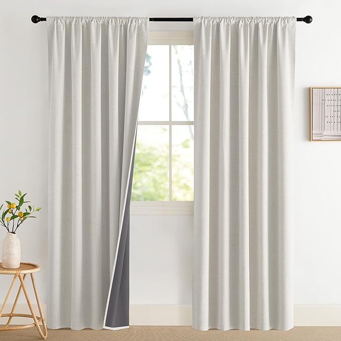 NICETOWN Snowbound Vintage Linen 100% Blackout Curtains, 2 Panels Set, 52 x 80 Inches, Rod Pocket Style, Thermal Insulated Room Darkening Drapes for Living Room, Bedroom, Modern Farmhouse Decor
