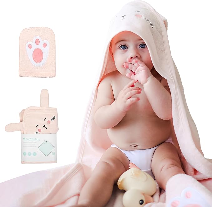 CuddleBug Premium Hooded Baby Bath Towel & Washcloth Set (Bunny) - 100% Cotton Terrycloth Hooded Baby Towels for Newborn & Toddler, Super-Soft & Absorbent, Newborn Essentials (30" x 30") - Blush Pink