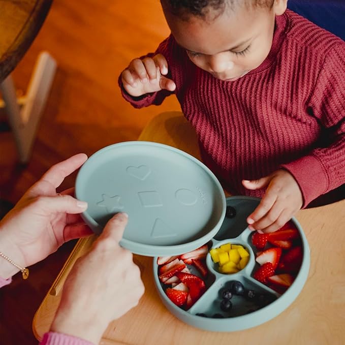 Talktools Bitsy Feeding Kid's Essentials Plate Set – Toddler Utensils, Spoon and Fork, Plate Lid, Perfect for Mealtime – Strong Suction Toddler Plates with 4 Compartments (Set-Cloud)