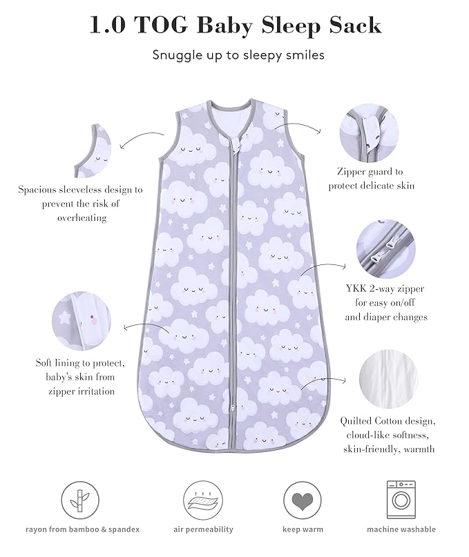 TADO MUSLIN Baby Sleep Sack 2-4 T 95% Rayon from Bamboo 5% Spandex Boys & Girls Wearable Blanket 1.0 TOG Toddler Sleeping Sack 2- Way Zipper X-Large Cloud