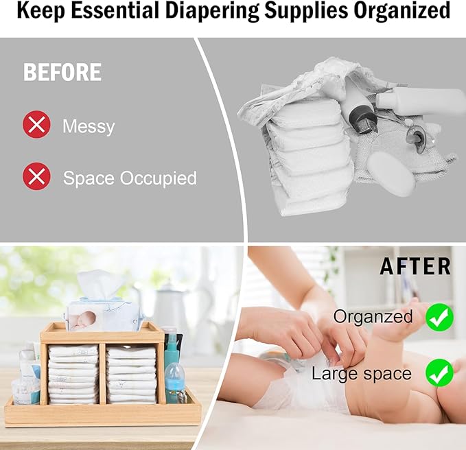 Diaper Caddy Organizer, Changing Table Organizer, Wooden Diaper Organizer for Nursery, Baby Diaper Storage Organizer with Removable Dividers (Brown, Rectangular Size)