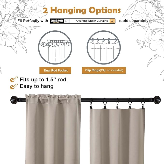 Aiyufeng Stone Short Blackout Curtains for Bedroom 54 Inches Long 2 Panels Set, Solid Thermal Insulated, Energy Saving Window Treatment Curtains Blackout Drapes, W40 x L54 Inch, Stone