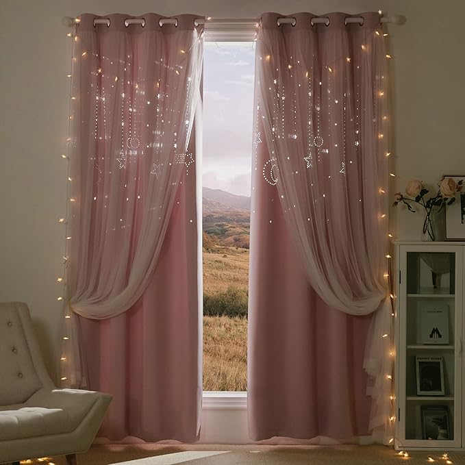 NICETOWN Pink Curtains, Star Moon Cutout Cute Curtains Blackout Drapes with Sheer Overly for Girl Bedroom, Double Layer Window Treatment for Nursery, 52 X 95 Inches, 1 Pair