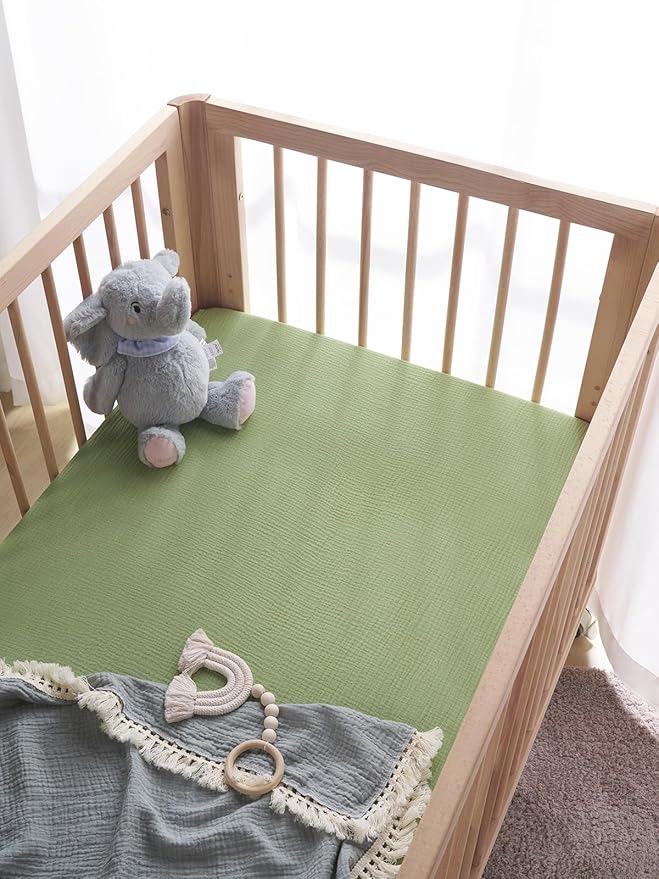 TILLYOU 2 Pack Muslin Crib Sheet for Boys and Girls - 100% Cotton Fitted Crib Sheet for Toddler Standard Crib Mattress, Soft and Breathable, 52"x28", Forest Green&Light Green