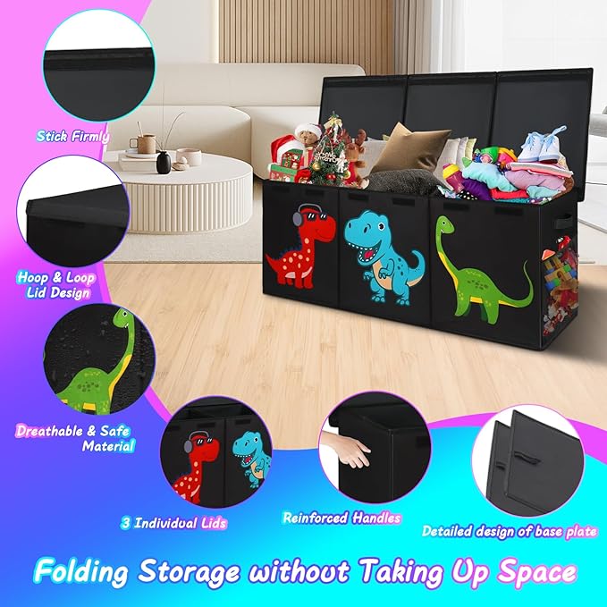 Extra Large Toy Box, Collapsible Sturdy Toy Storage Organizer with Lids, Dinosaur Toy Box for Boys Girls, 40"x16"x16" Kids Toy Chest Bin Baskets for Living Room, Playroom, Bedroom, Nursery, Black