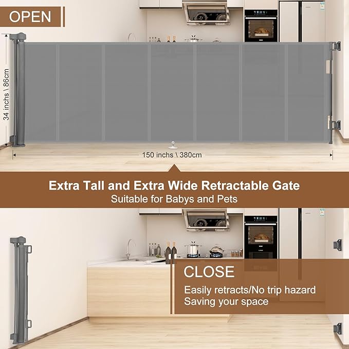 150 inch Retractable Baby Gates 34 inch Tall, Retractable Gate with Reinforced Strip Design to Prevent Crawling Through, 12 FT Extra Wide Retractable Dog Gate for Indoor/Outdoor