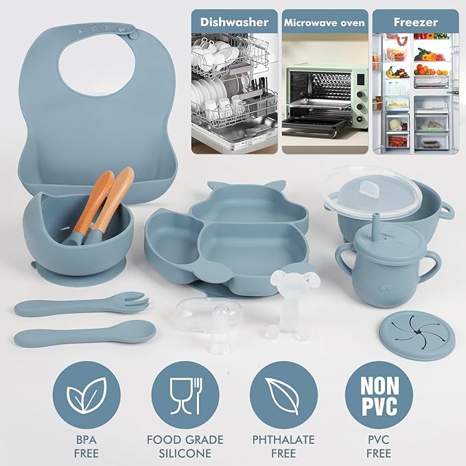 Silicone Baby Feeding Set 15 Pcs，Baby Plates,Baby Spoons Suction Bowl Divided Plate Bib Cup Finger Brush Training cups,Baby Led Weaning Supplies（blue）