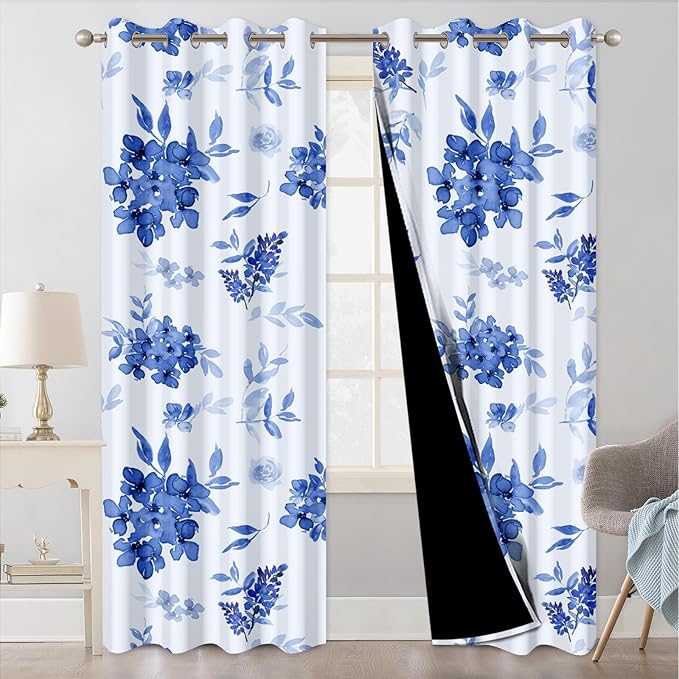 Blackout Curtains 84 inch Length 2 Panels Set, Blue Floral Print Thermal Privacy Grommet Winter Black Out Curtains for Bedroom with Black Liner, Rustic Soundproof Window Drapes for Living Room Nursery
