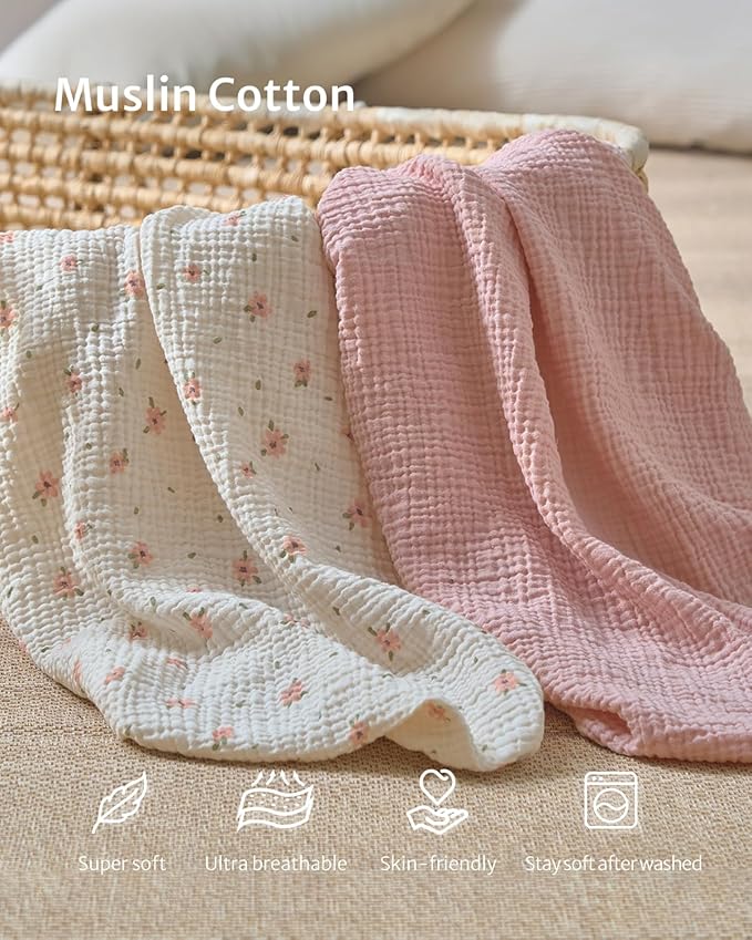 Blissful Diary Muslin Crib Sheets for Girl Boy, Boho Neutral Soft Cotton Baby Sheet for 52''x28'' Standard Crib Mattress, 2 Pack(Pink Floral&Light Pink)