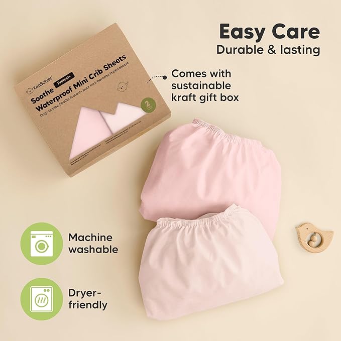 2 Pack and Play Sheets, Waterproof Mini Crib Sheets Fitted - 38x26 Organic Cotton Pack N Play Sheets for Graco Pack and Play Mattress, Playard Baby Crib Sheets,Neutral for Boy,Girl,Toddler(Mist Rose)