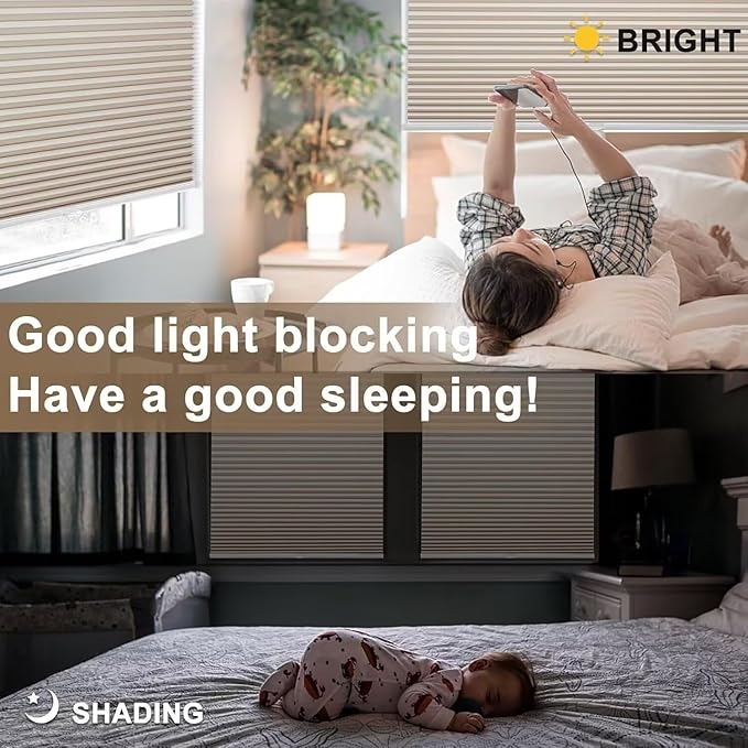 MYshade Cordless Blackout Cellular Shades, 1.5" Honeycomb Window Blinds for Bedroom & Nursery, Thermal Insulated, Noise Reducing, Privacy Shades, Inside or Outside Mount (25" W x 64" H, Beige)