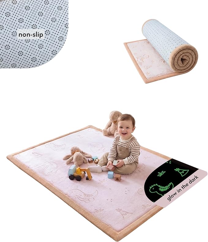 Hakuna Matte GlowCloud Baby Play Mat for Floor 47”x 67” Dinosaurs – Coral Velvet Memory Foam Rug for Crawling & Cozy Play – Non-Slip, Water-Resistant, Easy-Care Tummy Time Mat, Playmat for Playpen