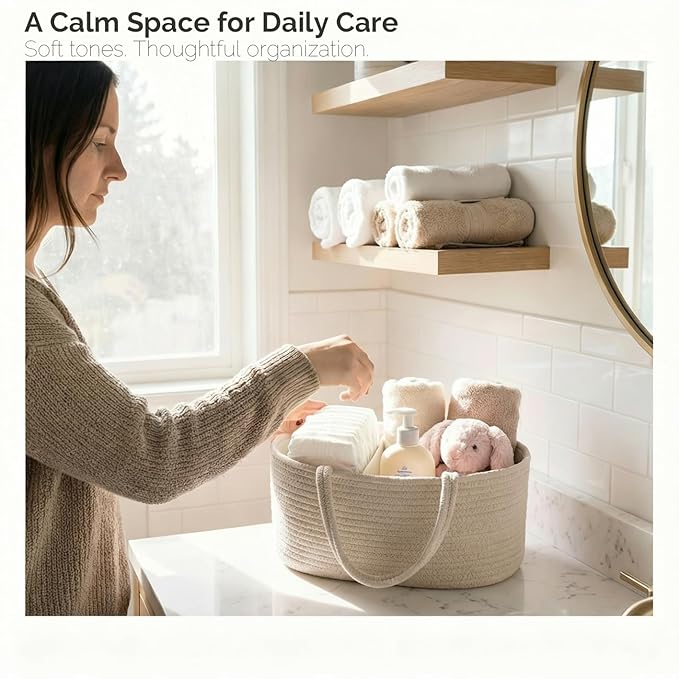 luxury little Diaper Caddy Organizer, Large Cotton Rope Nursery Baby Basket, Changing Table Organizer for Baby Diaper Storage, Portable Car Organizer Removable Divider (Oatmeal, Extra Large)