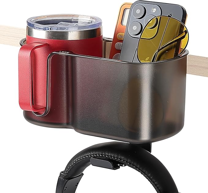 KEMIMOTO Desk Cup Holder with Headphone Hanger, 2 in 1 Caddy Organizer for Office Table, Lawn Chair, Golf Cart, Pontoon Boat, Fit for Most 18-32 oz Bottles