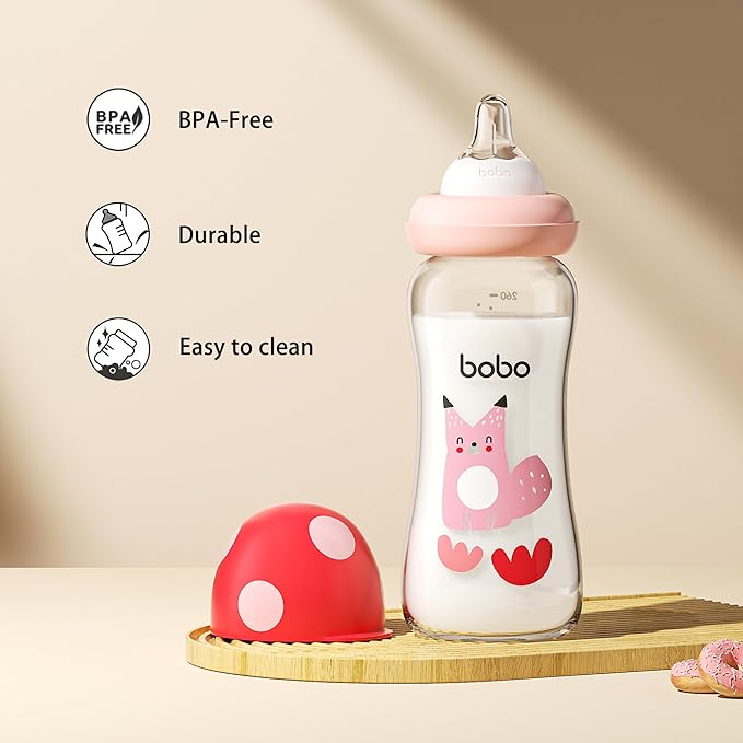 YOHKOH Natural Glass Baby Bottle with Level 2 Medium Flow Nipple, Newborn Anti-Colic Baby Bottles, Wide Neck Mushroom Baby Glass Bottle (8.8ounce (Pack of 4), Red2)
