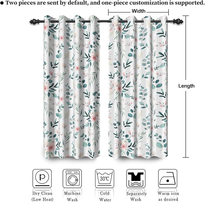 Renaiss Leaf Curtains Green Leaves Print Blackout Window Curtains for Bedroom Botanical Plants Grommet Top Room Darkening Window Drapes for Living Room 42W x 63L Inch Two Panel Set