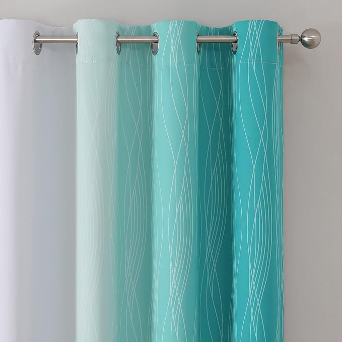 Estelar Textiler Full Room Darkening Greyish White and Teal Blackout Curtains 96 Inch Length 2 Panels Set, Ombre Thermal Insulated Full Light Blocking Grommet Gray Blackout Drapes for Bedroom, 52Wx96L