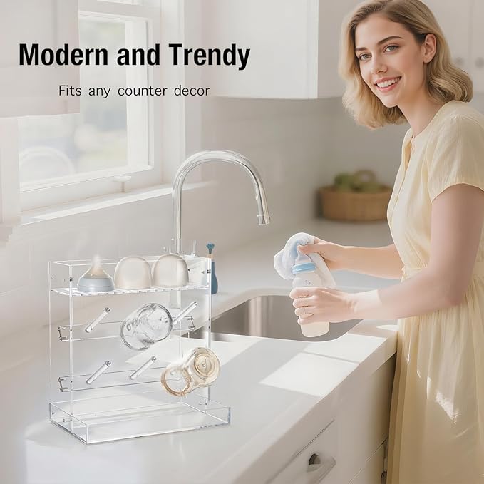Heyrelda Baby Bottle Drying Rack Space Saving Vertical Acrylic Stand with Drip Tray – Clear Countertop Organizer for Bottles, Baby Accrssories – Fast Drying and Easy Cleanup - 10.3 x 6.3 x 10.6 in
