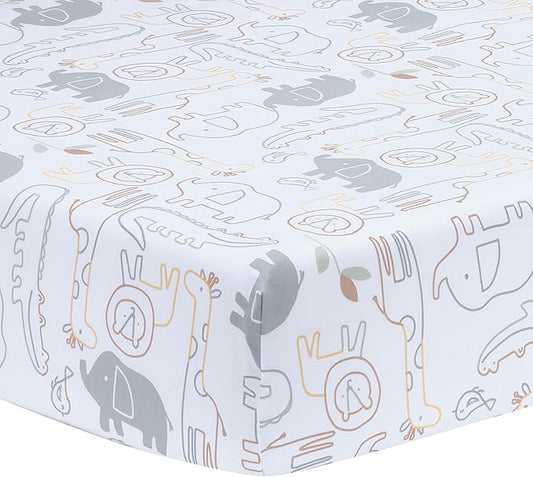 Lambs & Ivy Jungle Story 100% Cotton Safari Baby Fitted Crib Sheet - White