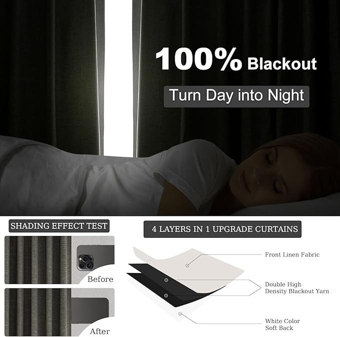 95 Inch Long Gray Blackout Curtains for Bedroom 2 Panels Set Modern Linen Blend Texture Back Tab Pleated Floor to Ceiling Thermal Drapes Hooks Rings Window Drapes Decor (W52 x L95 Charcoal Grey)