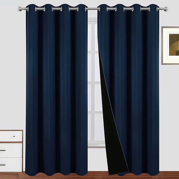 LEMOMO 100% Blackout Curtains 66 x 84 Inch Navy Blue Curtains 2 Panels Darkening Thermal Insulated Bedroom Curtains