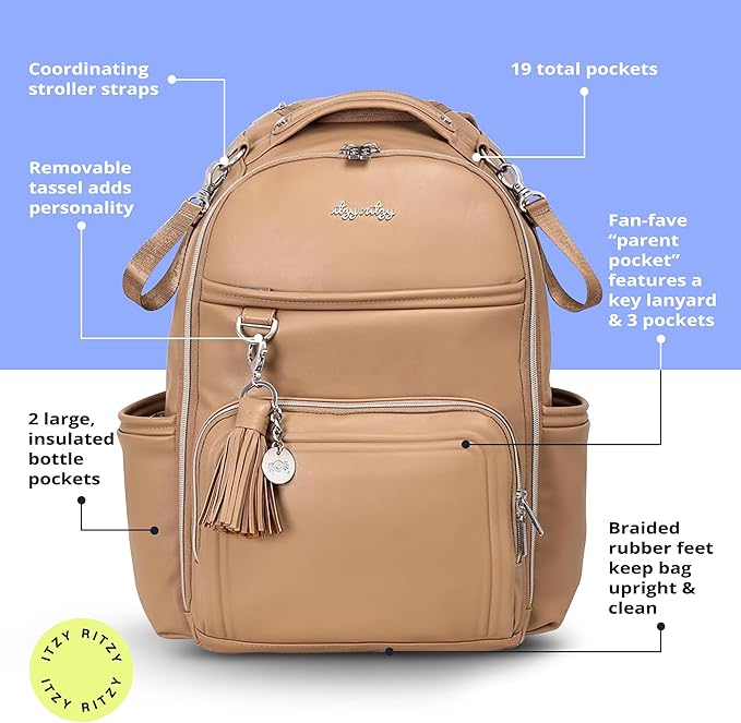 Itzy Ritzy Diaper Bag Backpack – Large Capacity Boss Plus Baby Backpack Diaper Bag Featuring 19 Pockets, Changing Pad, Stroller Clips, and Comfortable Straps (Chai)