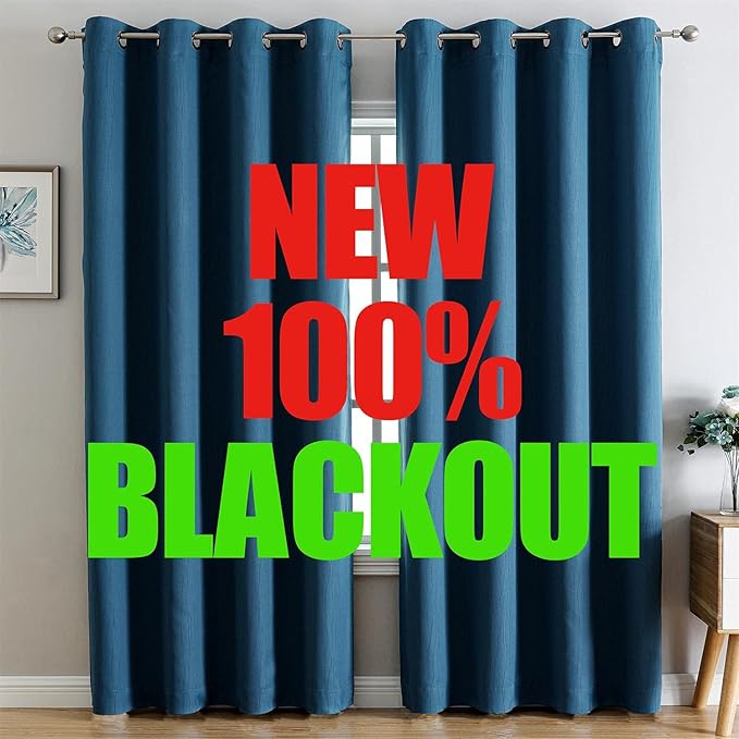 G2000 100% Blackout Curtains for Bedroom Living Room 95 Inches Long Peacock Blue Room Darkening Window Grommet Thermal Lined Insulated Light Blocking Noise Reducing 2 Panels