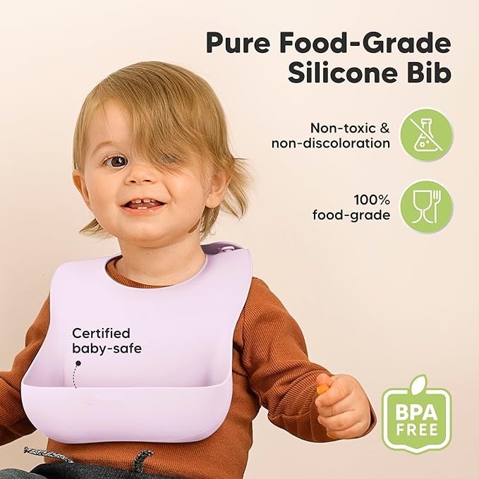KeaBabies 2-Pack Silicone Baby Bibs for Eating - Sturdy Food-Grade Silicone Bibs for Babies Girl, Boy, Large Food Catcher, Clean & Put On Easily, Waterproof Toddler Feeding Essentials (Amethyst)