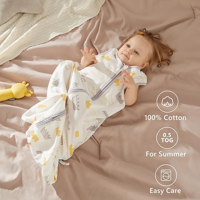 TILLYOU 2 Pack Baby Sleep Sack 6-12 Months 100% Cotton Wearable Blanket 0.5 TOG Sleeveless Summer Sleep Sacks with 2-Way Zipper, Gray Crown